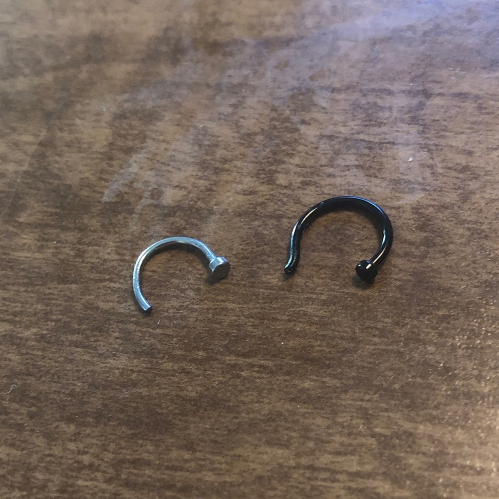 Set of open hoop nose rings, silver and black